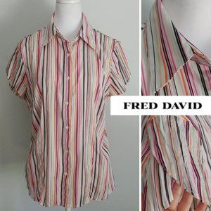 FRED DAVID Colourful Pinstriped Collared Blouse Micro Pleats Tulip Sleeves